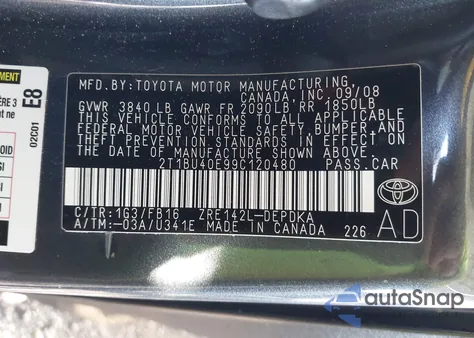2009 Toyota Corolla Le from USA, damaged, VIN 2T1BU40E99C120480